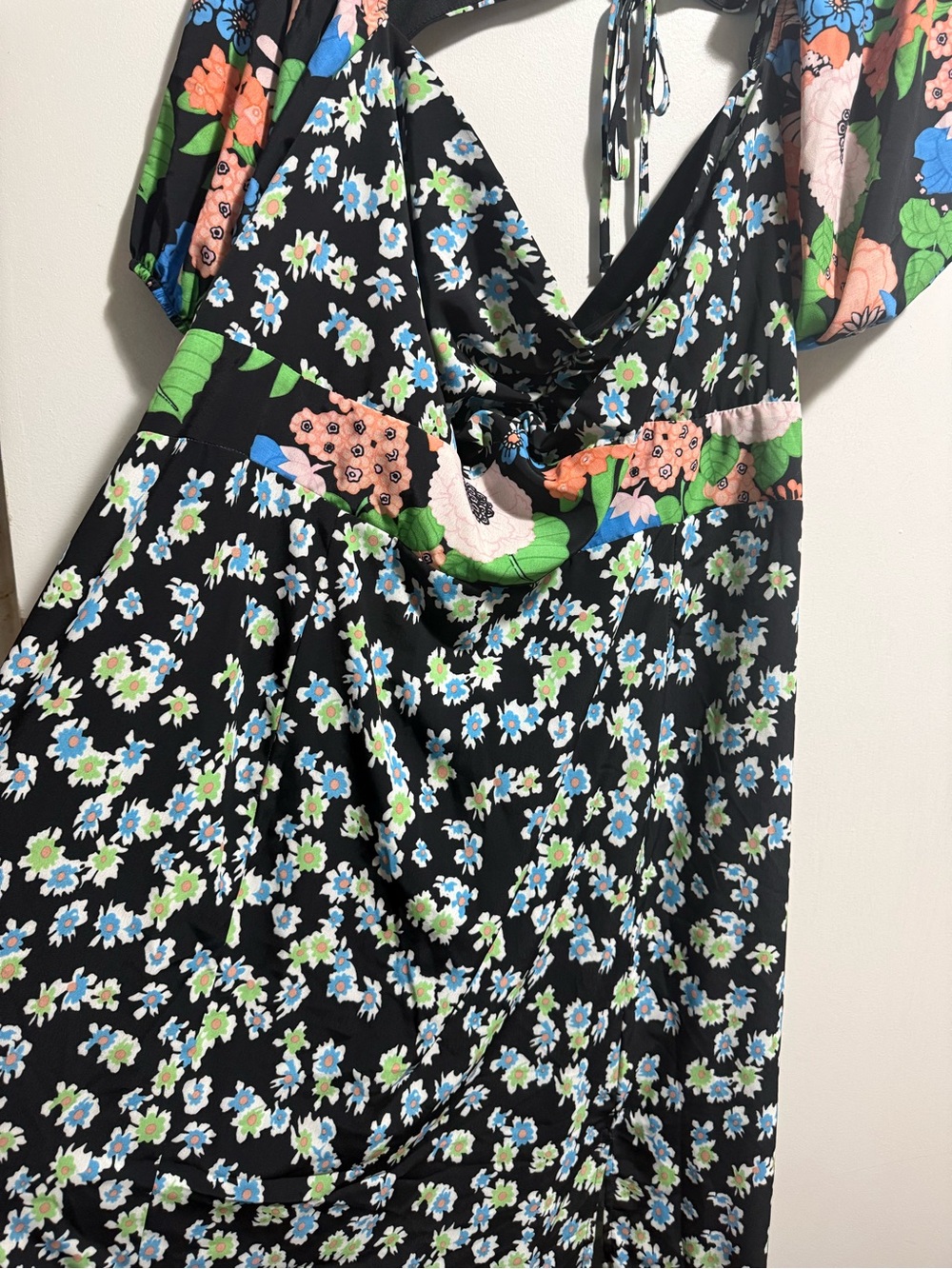 Floral Black Midi Dress with Blue & Green Blooms - Picture 3 of 6